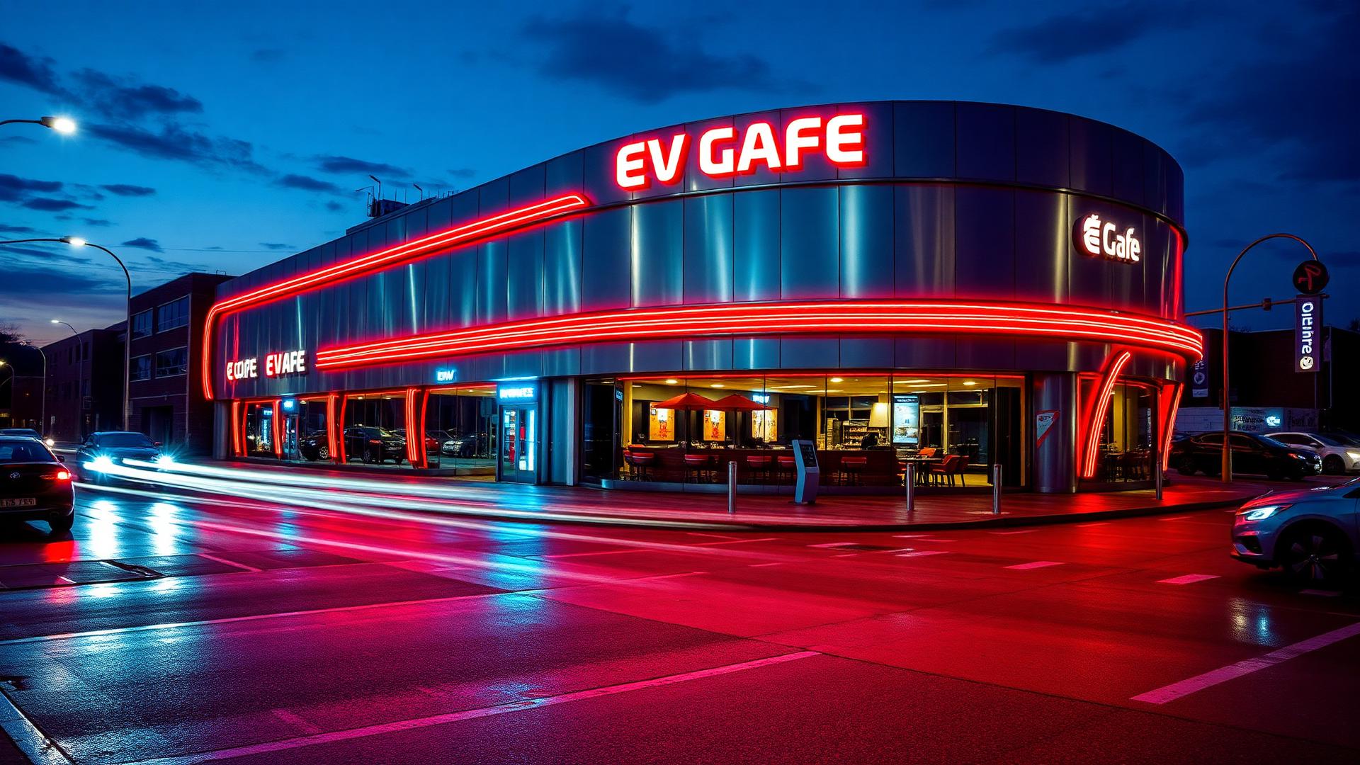 EV Cafe exterior at night with red neon